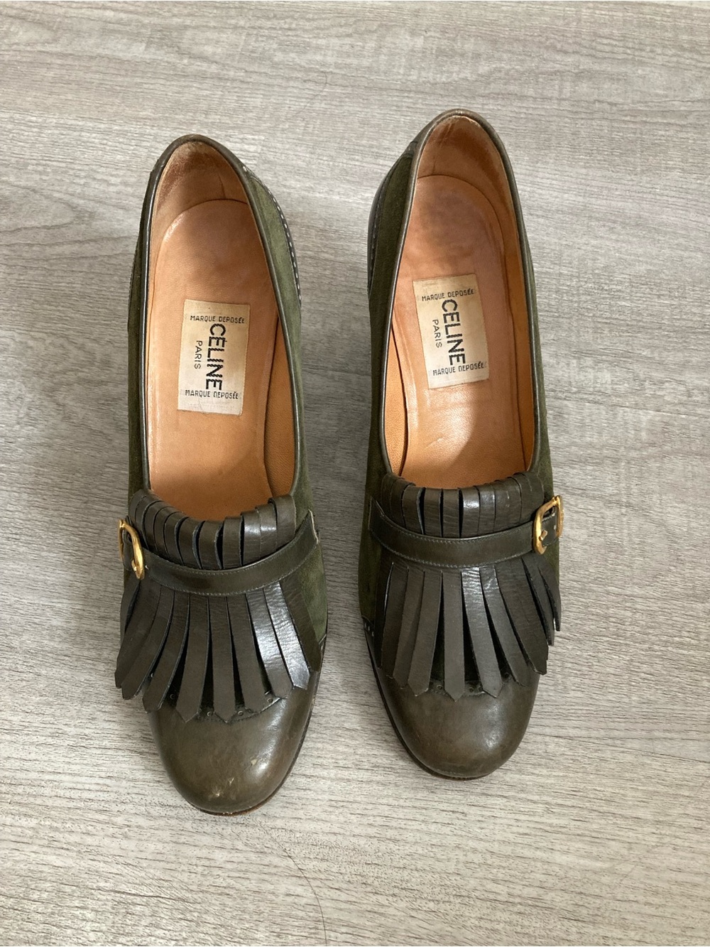 Celine Olive Green Leather Kiltie Loafers with Gold Buckle